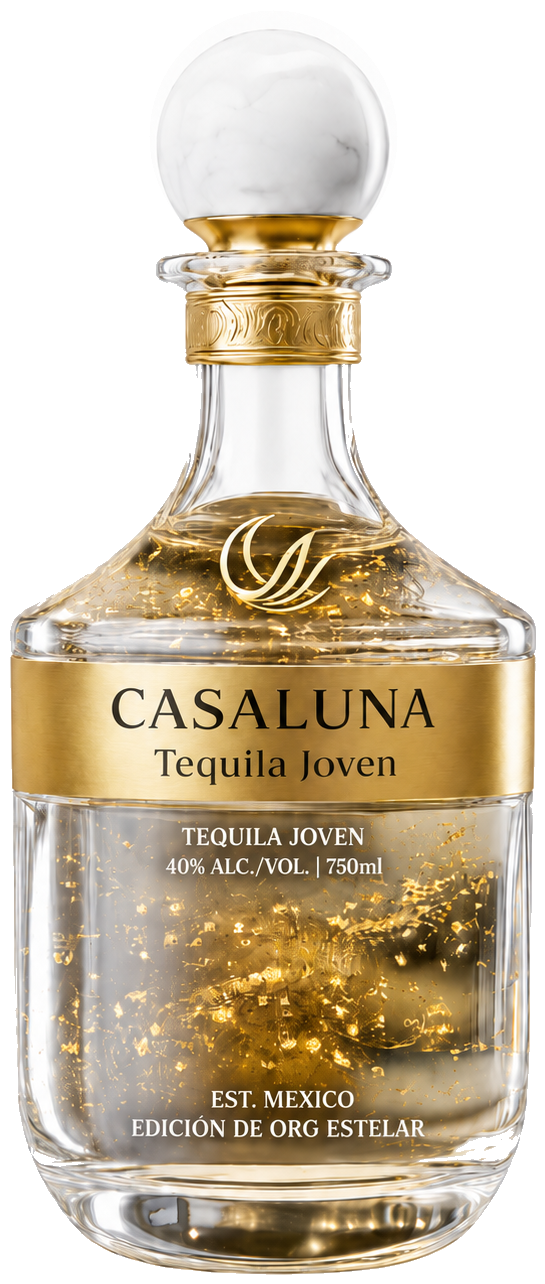 Botella Casaluna Tequila Joven con hojuelas de oro de 24k